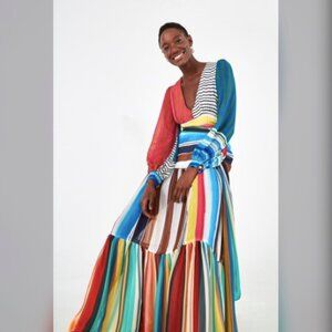 Farm Rio Anthropologie Tropical Thalita Striped Maxi Dress Multi Size Large NWT